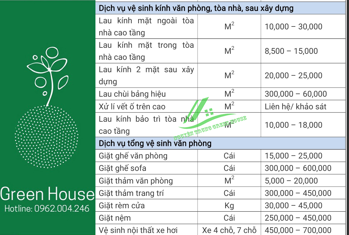 Bảng chi phí dịch vụ vệ sinh văn phòng hàng ngày của Green House